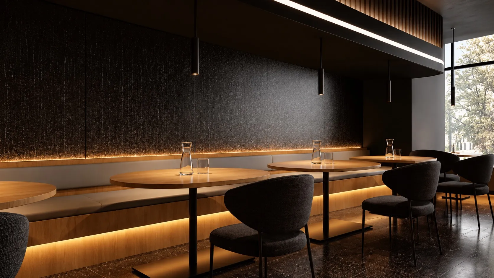 Glossy decorative wall panels with deep reflective colour in a boutique interior.