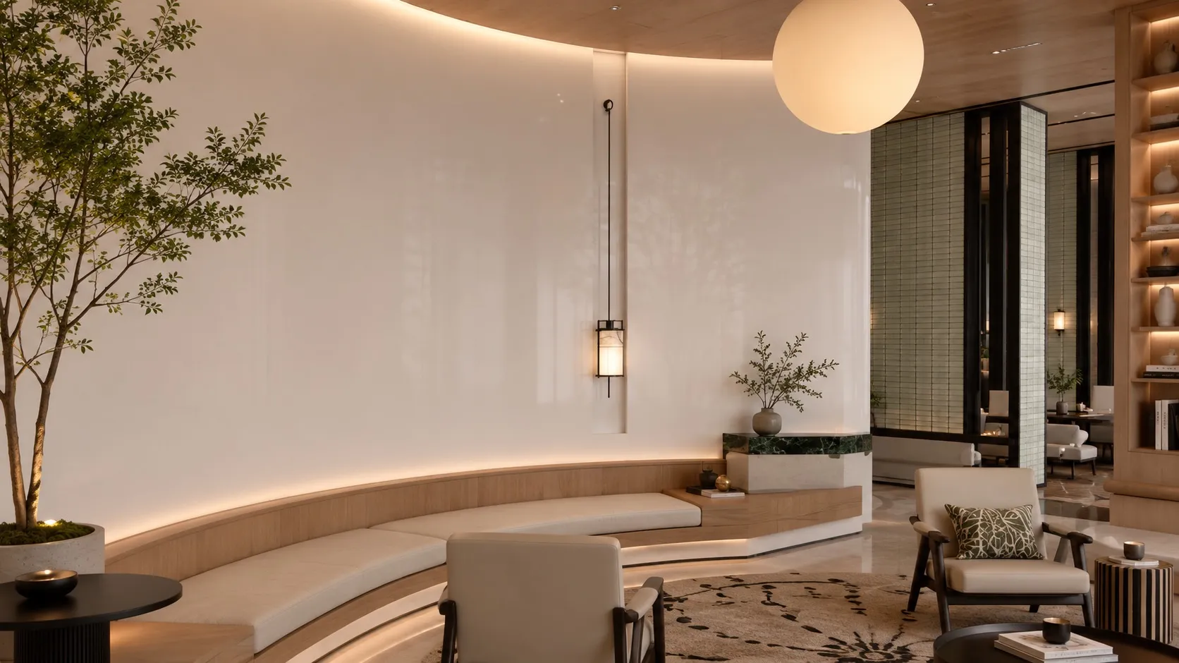 High-gloss solid-colour wall panels in a calm residential interior, softly lit.