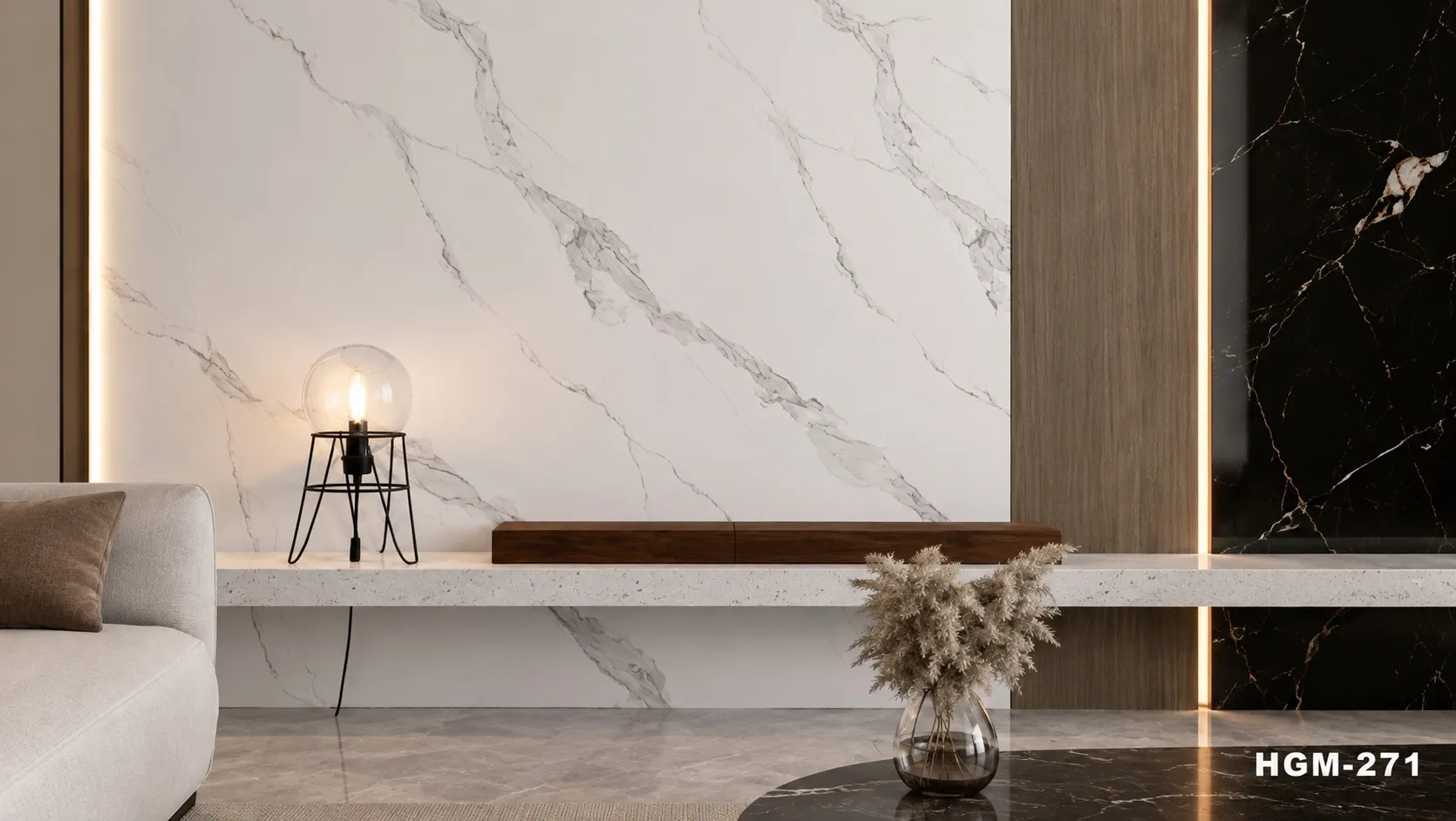 Stone-effect reception wall with dark marble veining in a hotel lobby interior.