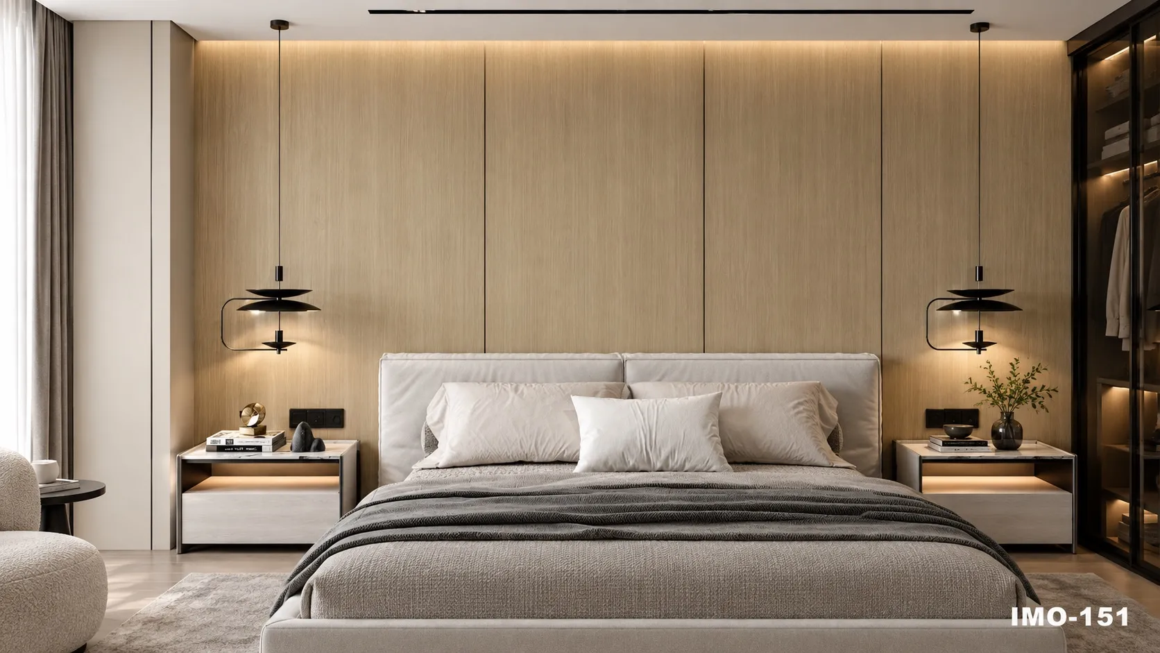 Wood-panelled interior wall with warm oak grain running across a living space.